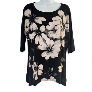 Edista Vintage 90s Floral Black Blouse Women’s Small Stretchy 3/4 Sleeve